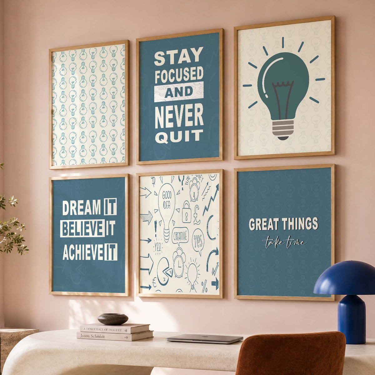 Modern Typography Motivational Quotes Wall Art Set of 6 Framed Prints for Office