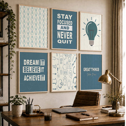 Modern Typography Motivational Quotes Wall Art Set of 6 Framed Prints for Office
