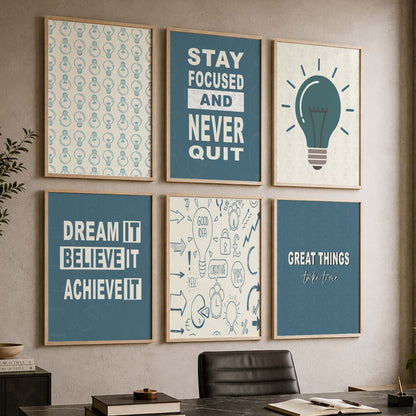 Modern Typography Motivational Quotes Wall Art Set of 6 Framed Prints for Office