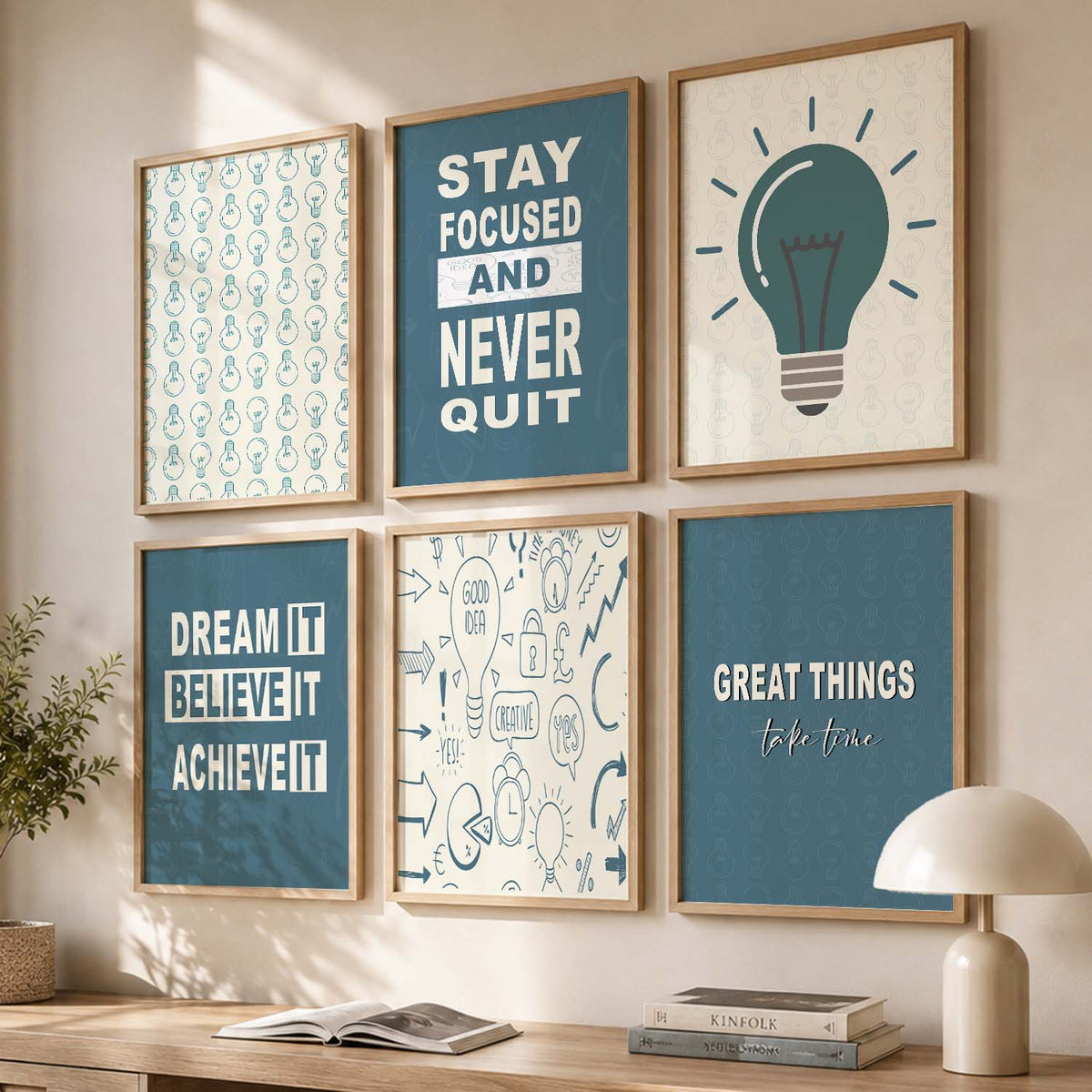 Modern Typography Motivational Quotes Wall Art Set of 6 Framed Prints for Office