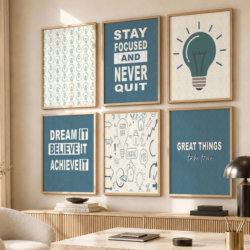 Modern Typography Motivational Quotes Wall Art Set of 6 Framed Prints for Office