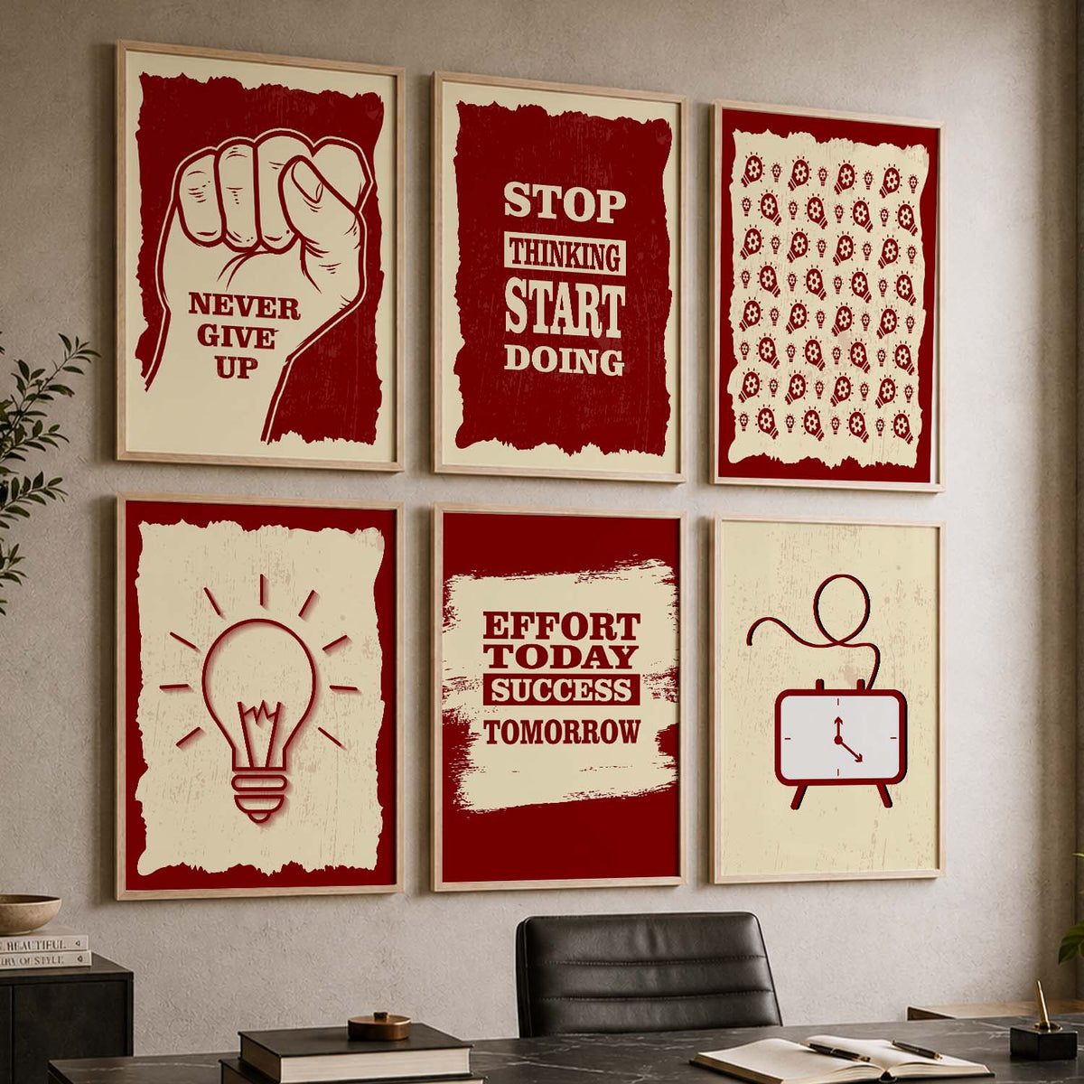 Bold Typography Motivational Quotes Wall Art Set of 6 Framed Prints for Bedroom