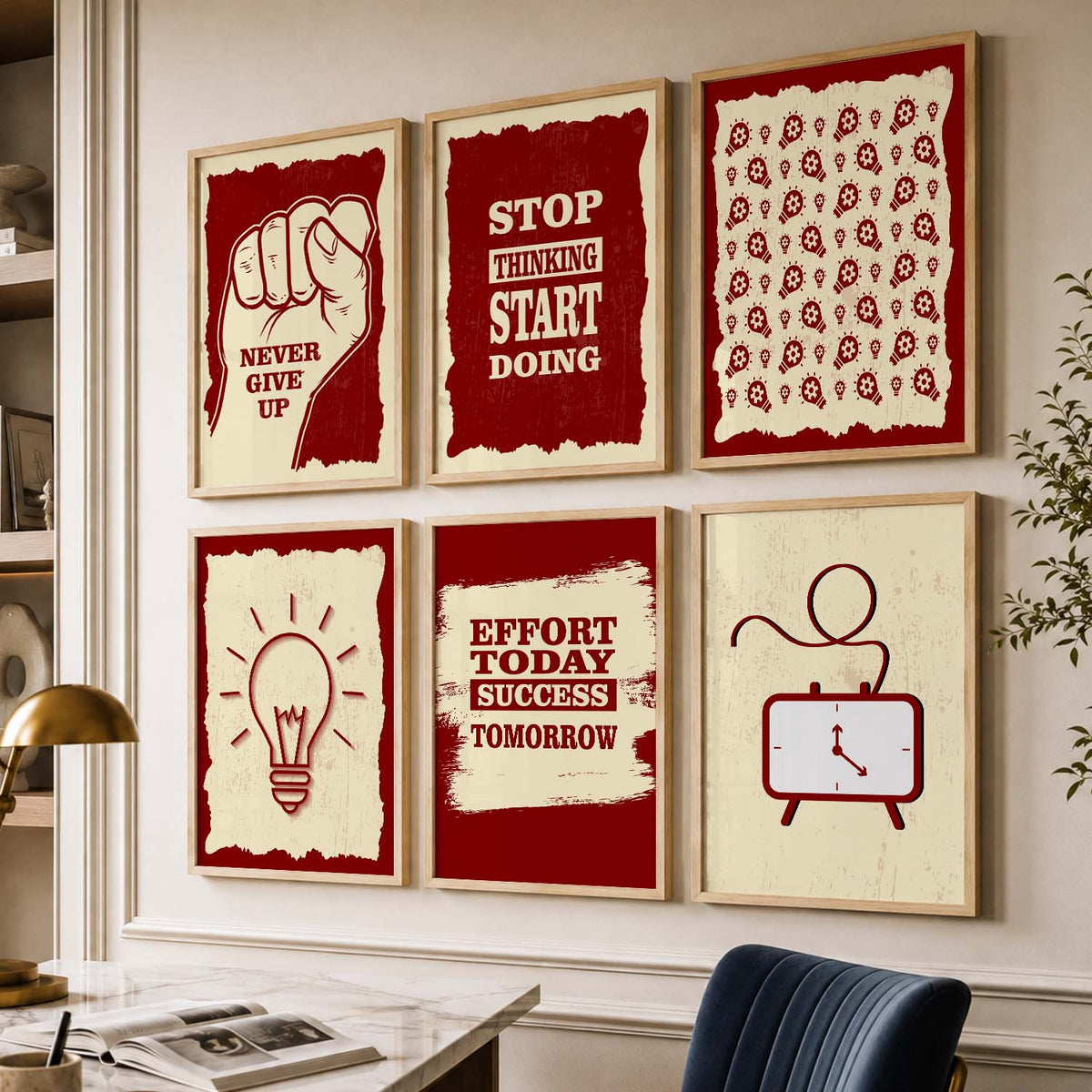 Bold Typography Motivational Quotes Wall Art Set of 6 Framed Prints for Bedroom