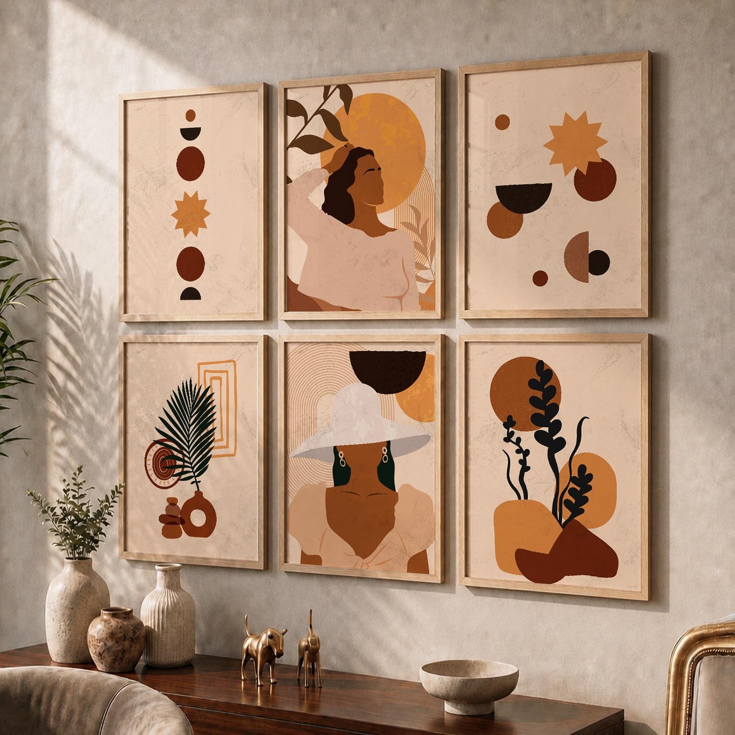 Abstract Boho Calm Wall Art Set of 6 Framed Prints