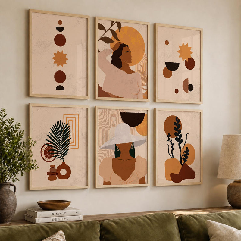 Abstract Boho Calm Wall Art Set of 6 Framed Prints