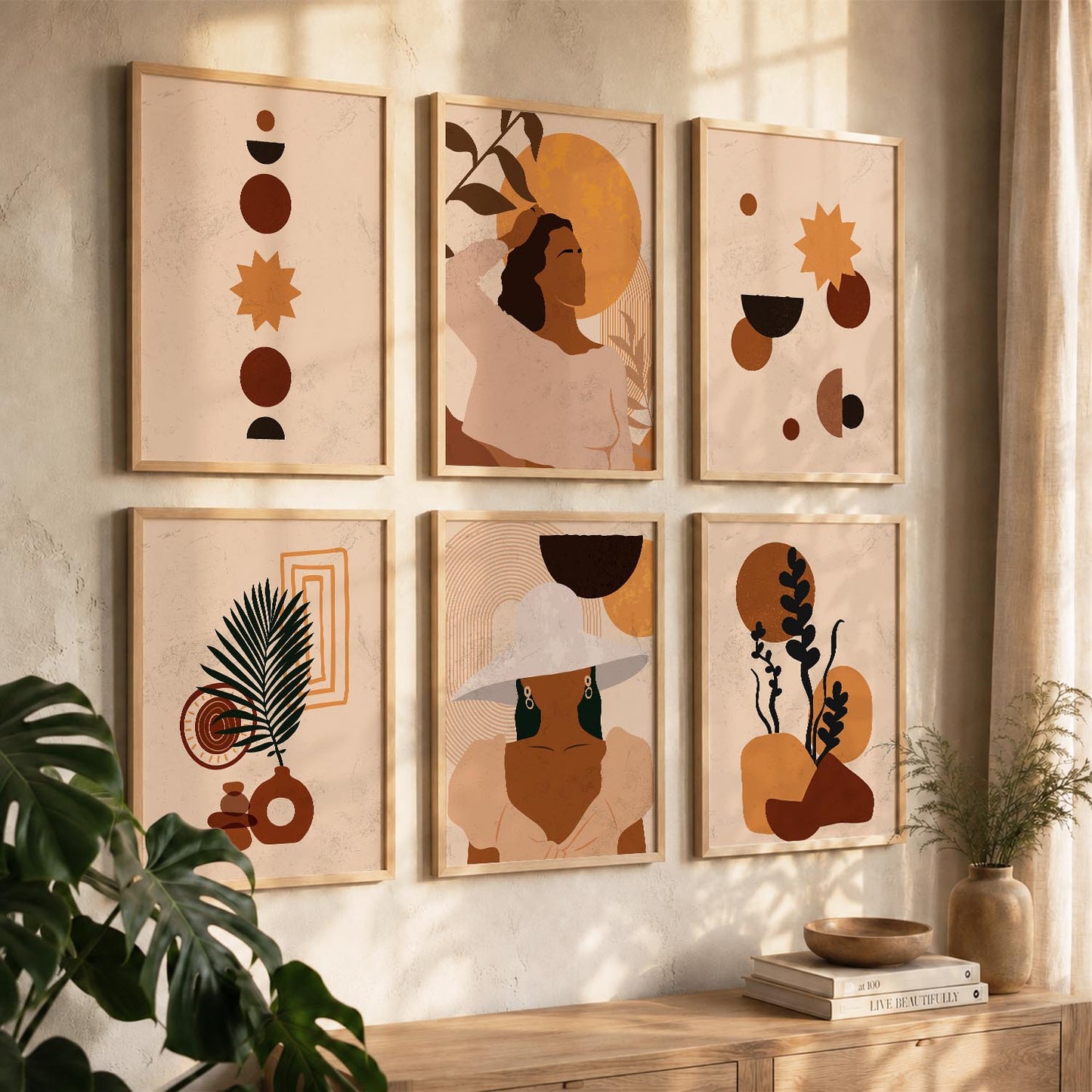 Abstract Boho Calm Wall Art Set of 6 Framed Prints