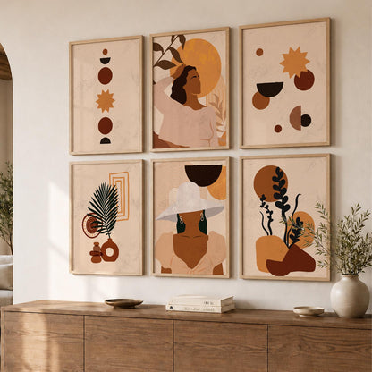 Abstract Boho Calm Wall Art Set of 6 Framed Prints