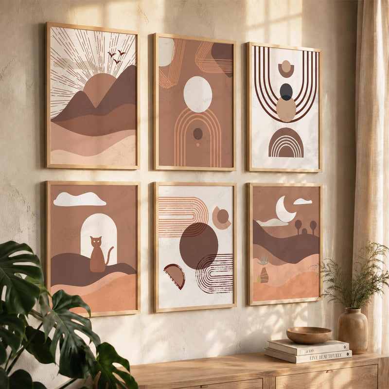 Warm Earthy Abstract Shape Boho Wall Art Set of 6 Framed Prints