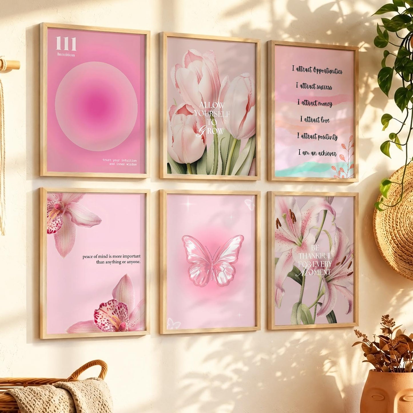 Daily Affirmation Wall Art Set of 6 Framed Prints for Bedroom