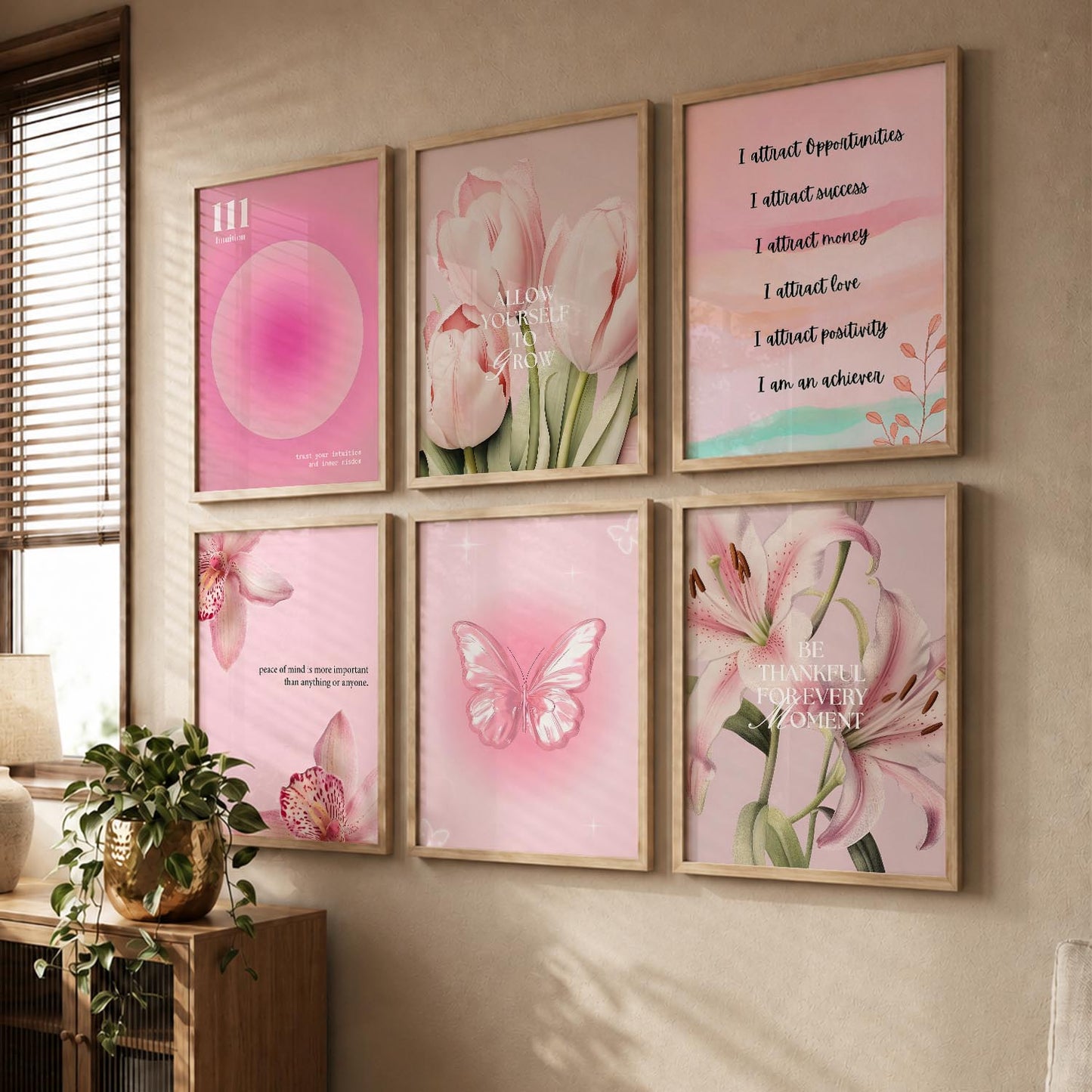 Daily Affirmation Wall Art Set of 6 Framed Prints for Bedroom