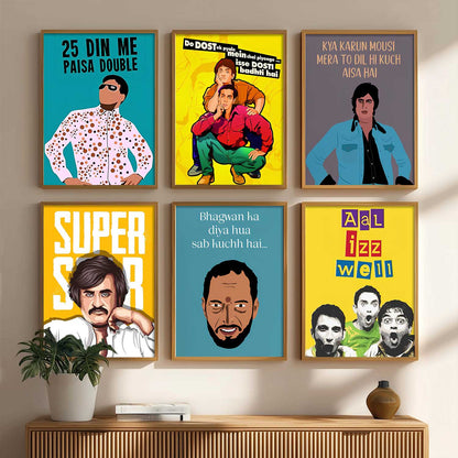 Bollywood Classic Comedy Character Wall Art Paintings with Frame for Living Room Bedroom