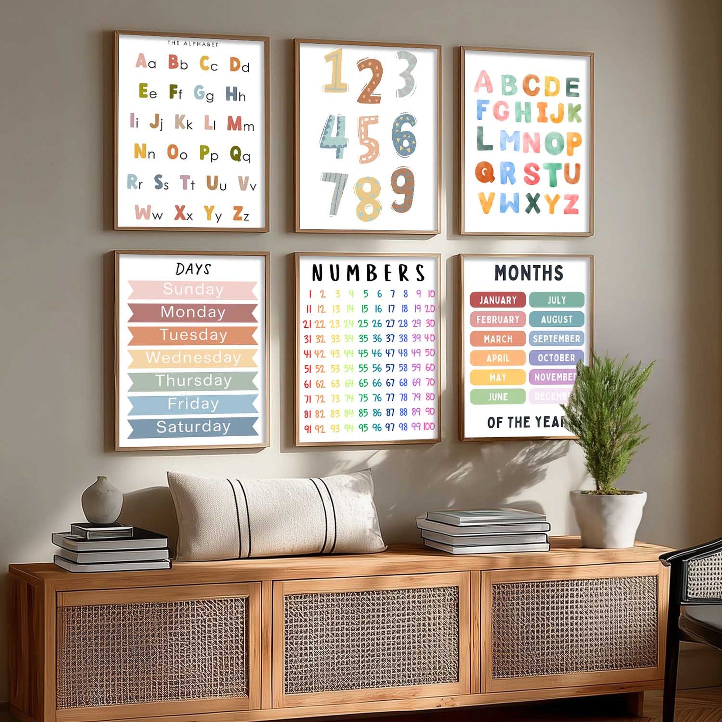 Educational Alphabets Numbers Days Months Wall Art Paintings with Frame for Living Room Bedroom