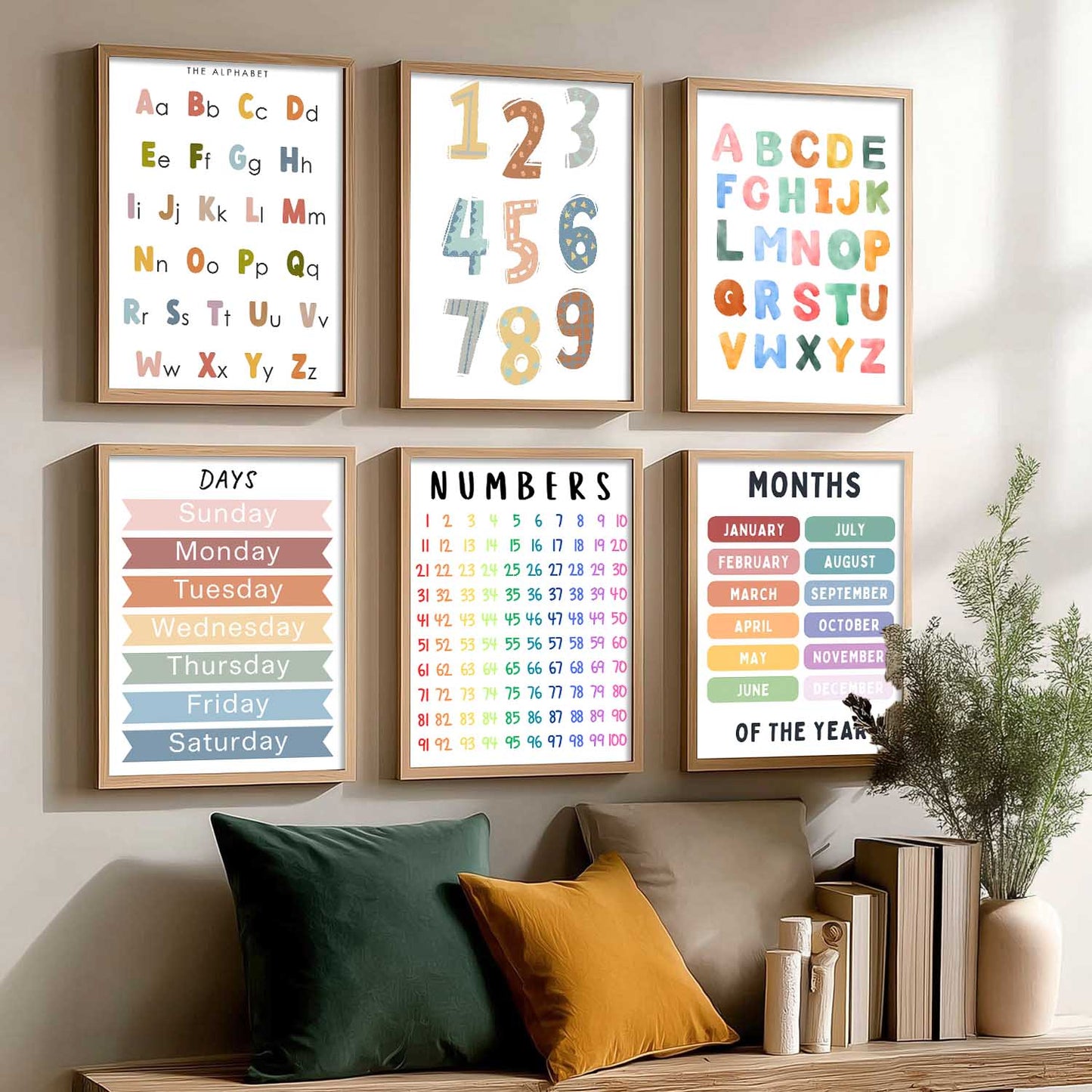Educational Alphabets Numbers Days Months Wall Art Paintings with Frame for Living Room Bedroom