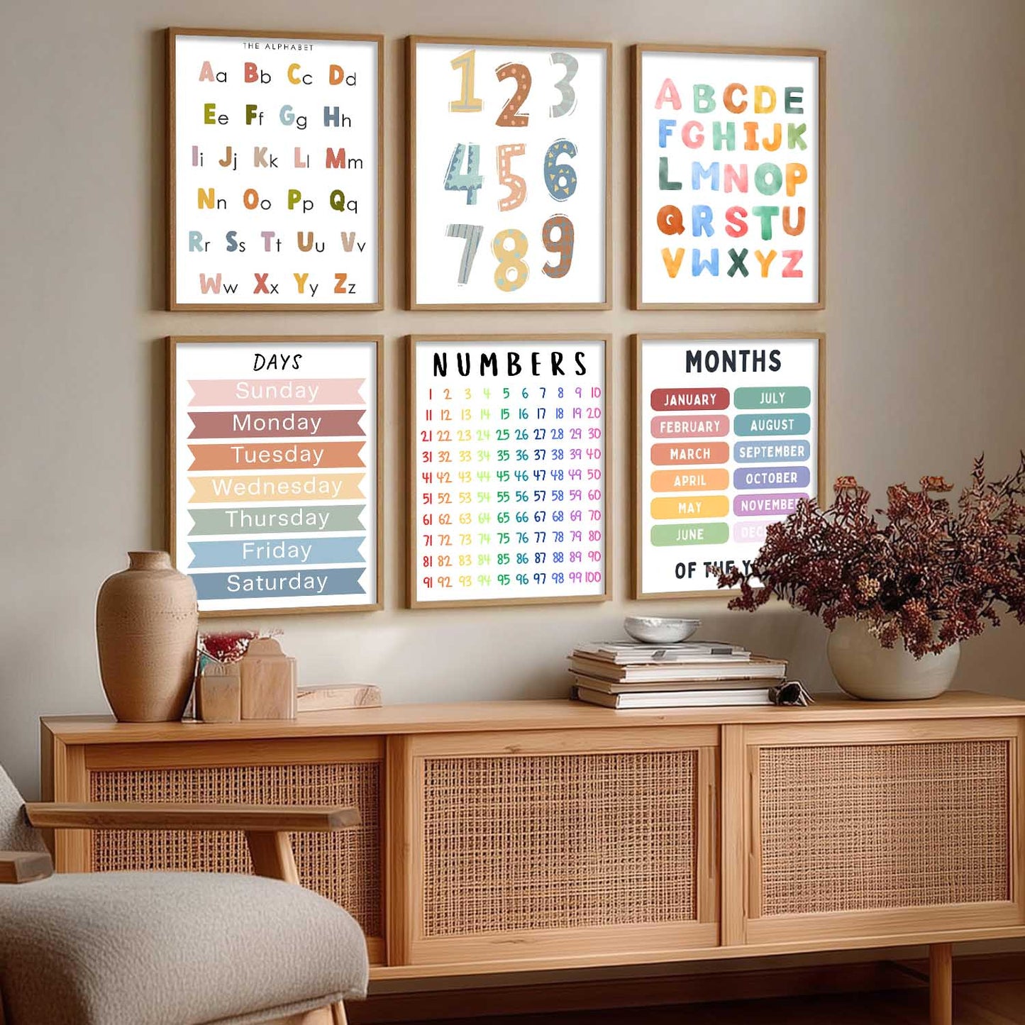 Educational Alphabets Numbers Days Months Wall Art Paintings with Frame for Living Room Bedroom