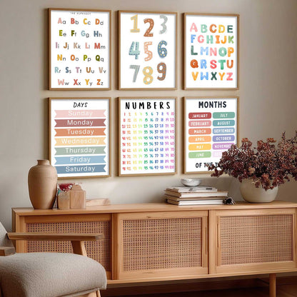 Educational Alphabets Numbers Days Months Wall Art Paintings with Frame for Living Room Bedroom