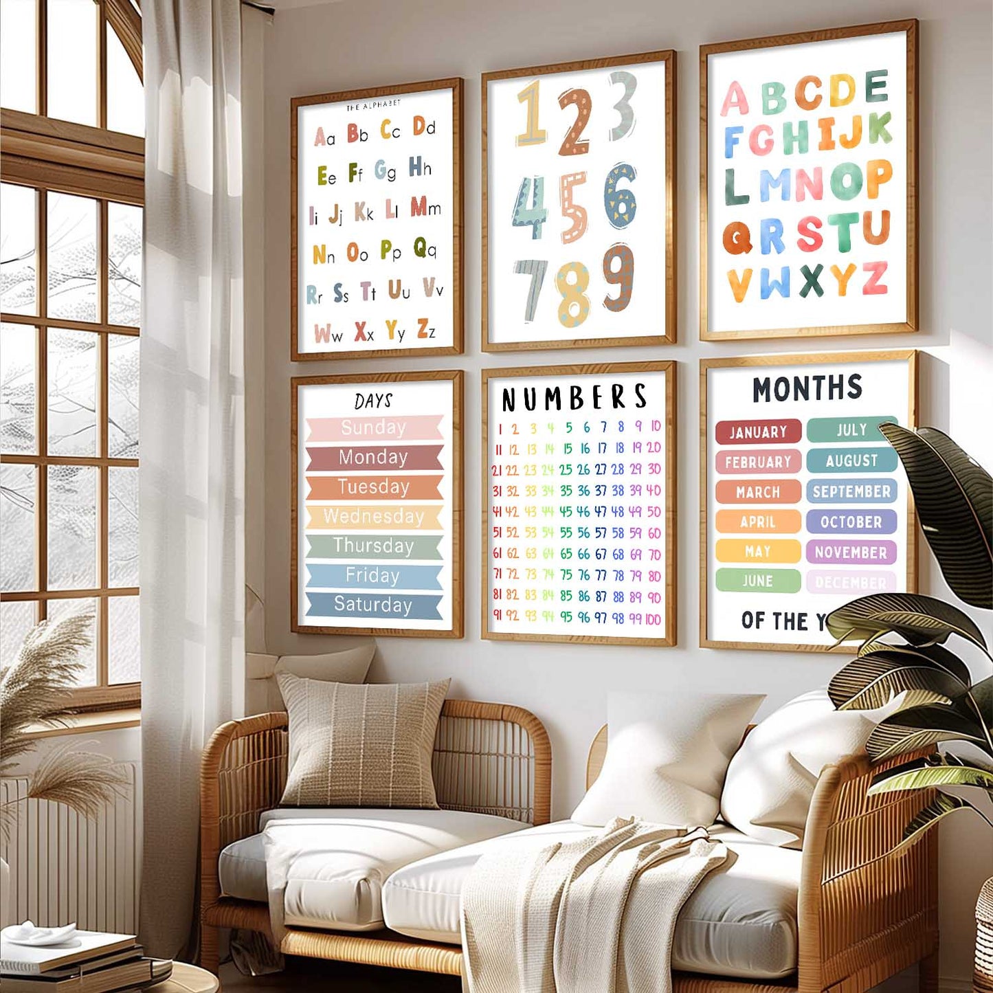 Educational Alphabets Numbers Days Months Wall Art Paintings with Frame for Living Room Bedroom