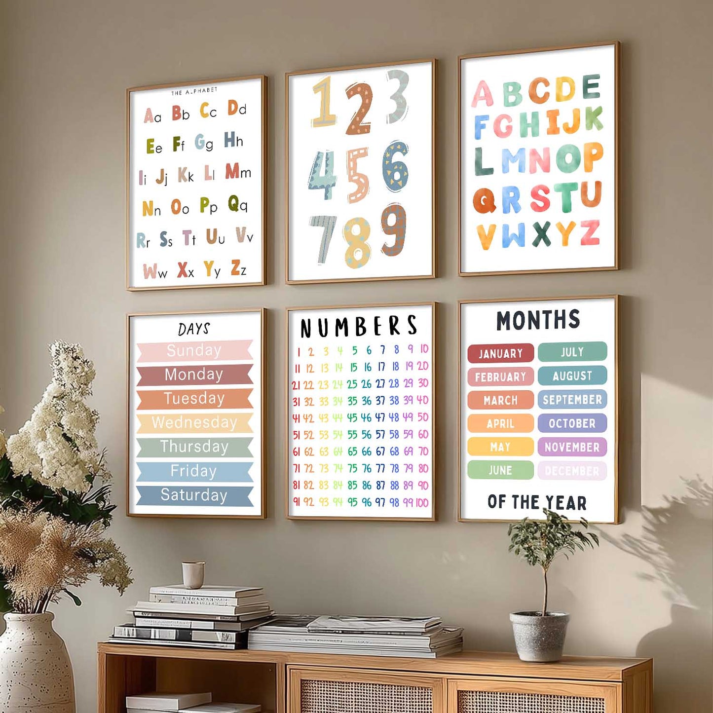 Educational Alphabets Numbers Days Months Wall Art Paintings with Frame for Living Room Bedroom