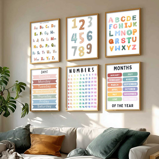 Educational Alphabets Numbers Days Months Wall Art Paintings with Frame for Living Room Bedroom