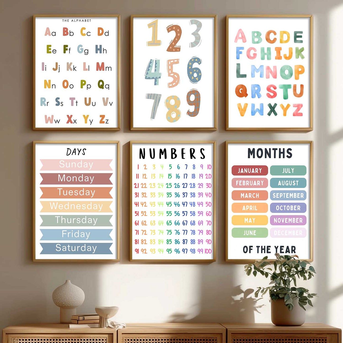 Educational Alphabets Numbers Days Months Wall Art Paintings with Frame for Living Room Bedroom