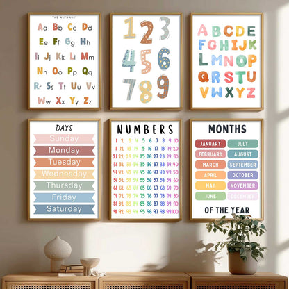 Educational Alphabets Numbers Days Months Wall Art Paintings with Frame for Living Room Bedroom