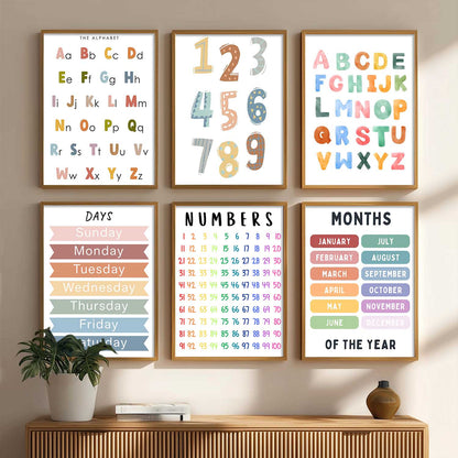 Educational Alphabets Numbers Days Months Wall Art Paintings with Frame for Living Room Bedroom