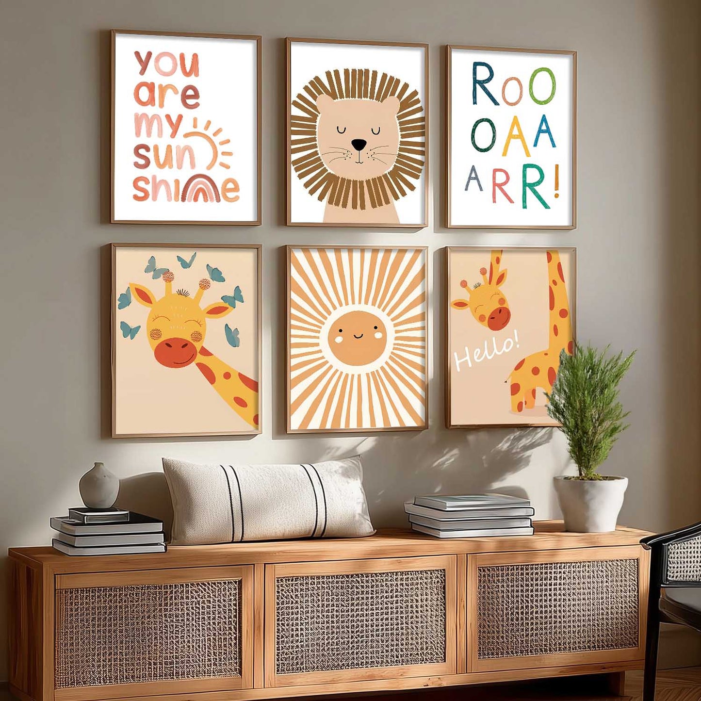 Lion Giraffe Cartoon Animals Wall Art Paintings with Frame for Living Room Bedroom