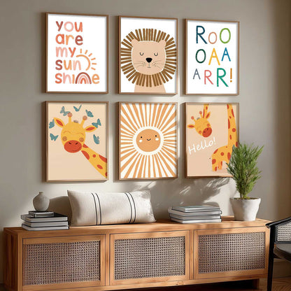 Lion Giraffe Cartoon Animals Wall Art Paintings with Frame for Living Room Bedroom