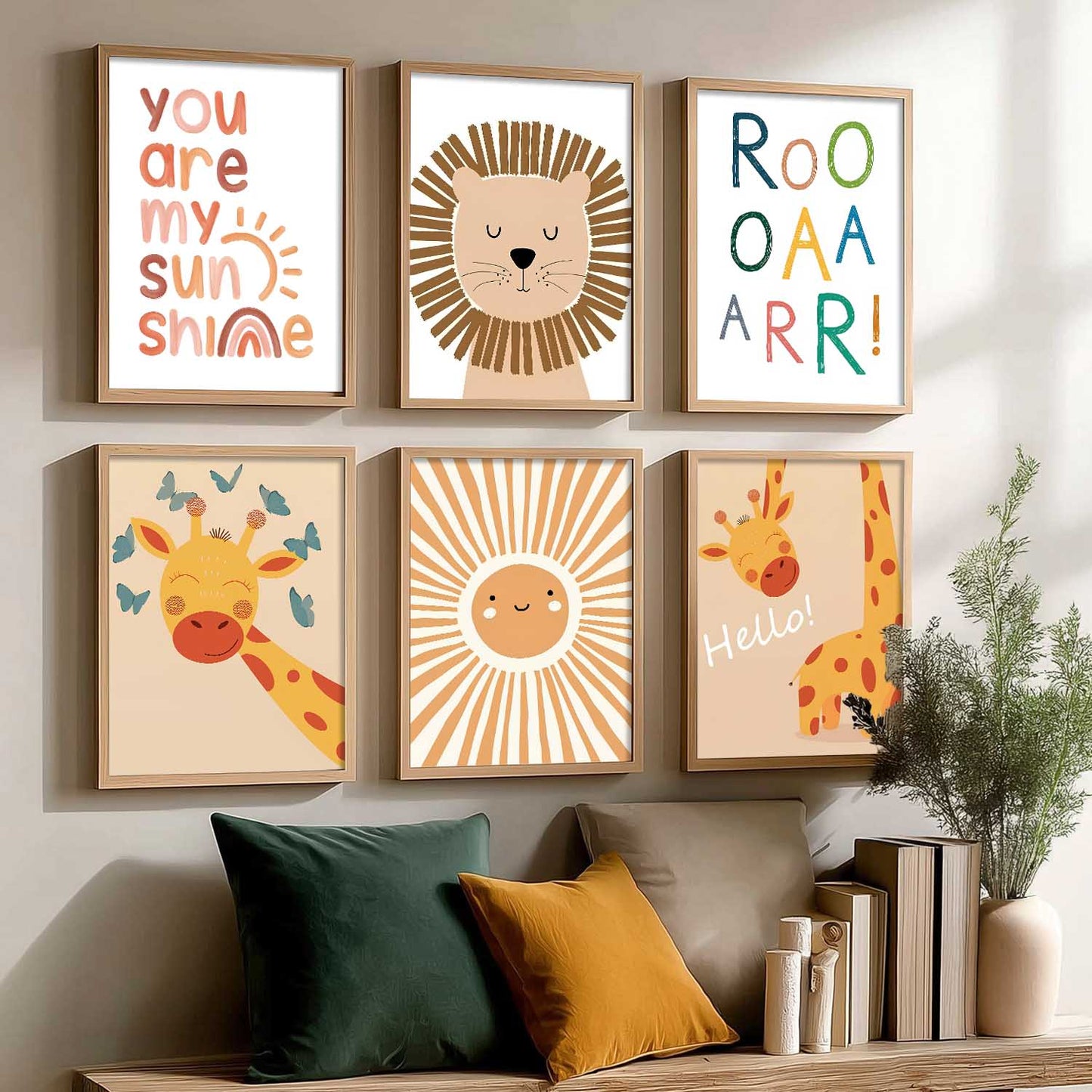 Lion Giraffe Cartoon Animals Wall Art Paintings with Frame for Living Room Bedroom