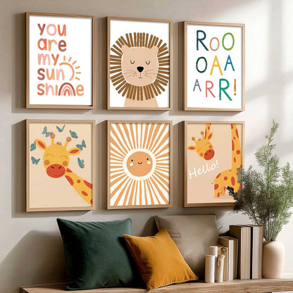 Lion Giraffe Cartoon Animals Wall Art Paintings with Frame for Living Room Bedroom