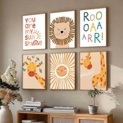 Lion Giraffe Cartoon Animals Wall Art Paintings with Frame for Living Room Bedroom