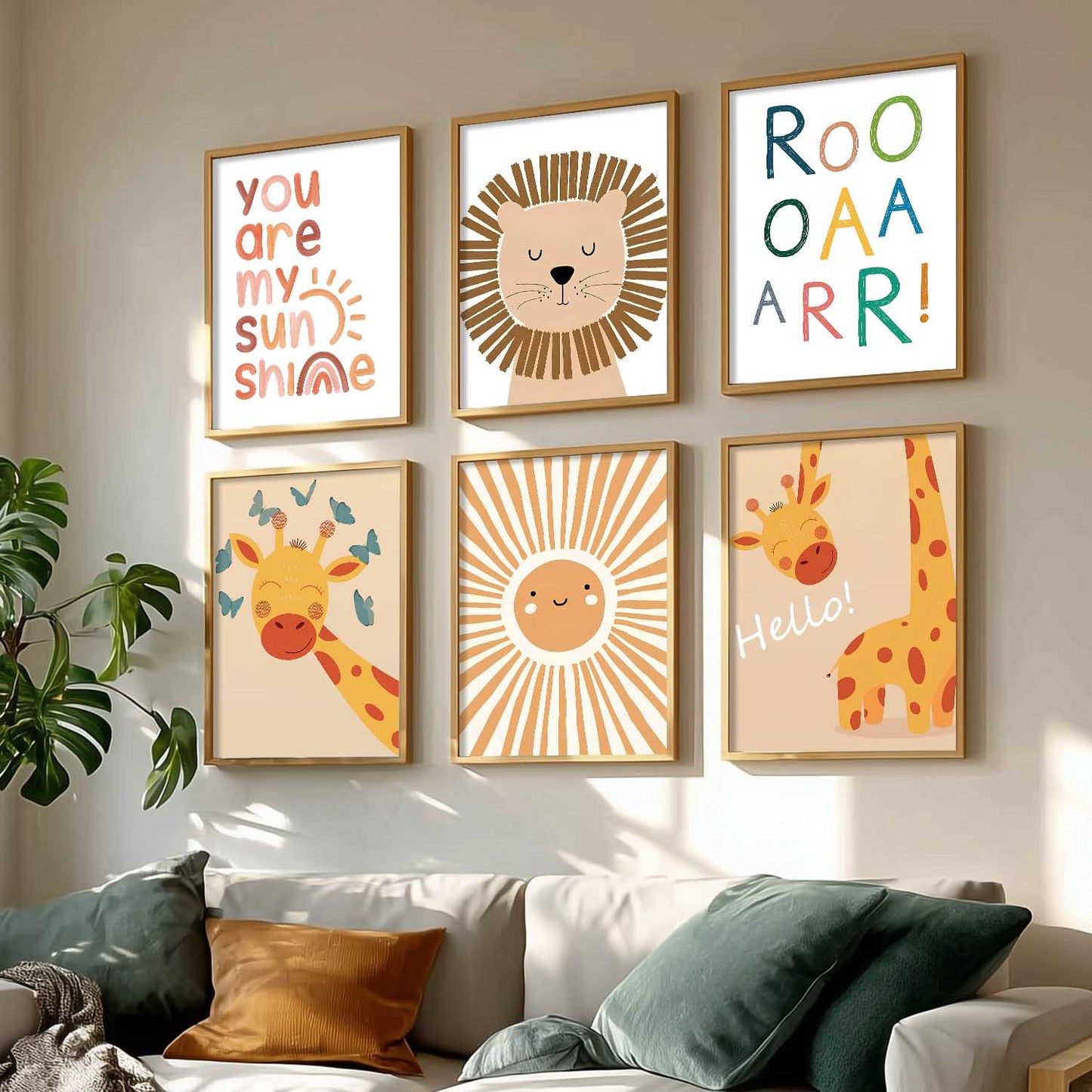 Lion Giraffe Cartoon Animals Wall Art Paintings with Frame for Living Room Bedroom