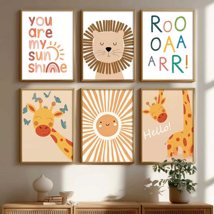 Lion Giraffe Cartoon Animals Wall Art Paintings with Frame for Living Room Bedroom