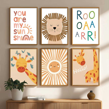 Lion Giraffe Cartoon Animals Wall Art Paintings with Frame for Living Room Bedroom