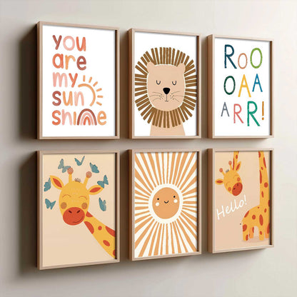 Lion Giraffe Cartoon Animals Wall Art Paintings with Frame for Living Room Bedroom