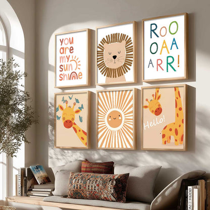 Lion Giraffe Cartoon Animals Wall Art Paintings with Frame for Living Room Bedroom