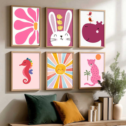 Cheetah Hippopotamus Seahorse Cartoon Animals Wall Art Paintings with Frame for Living Room Bedroom