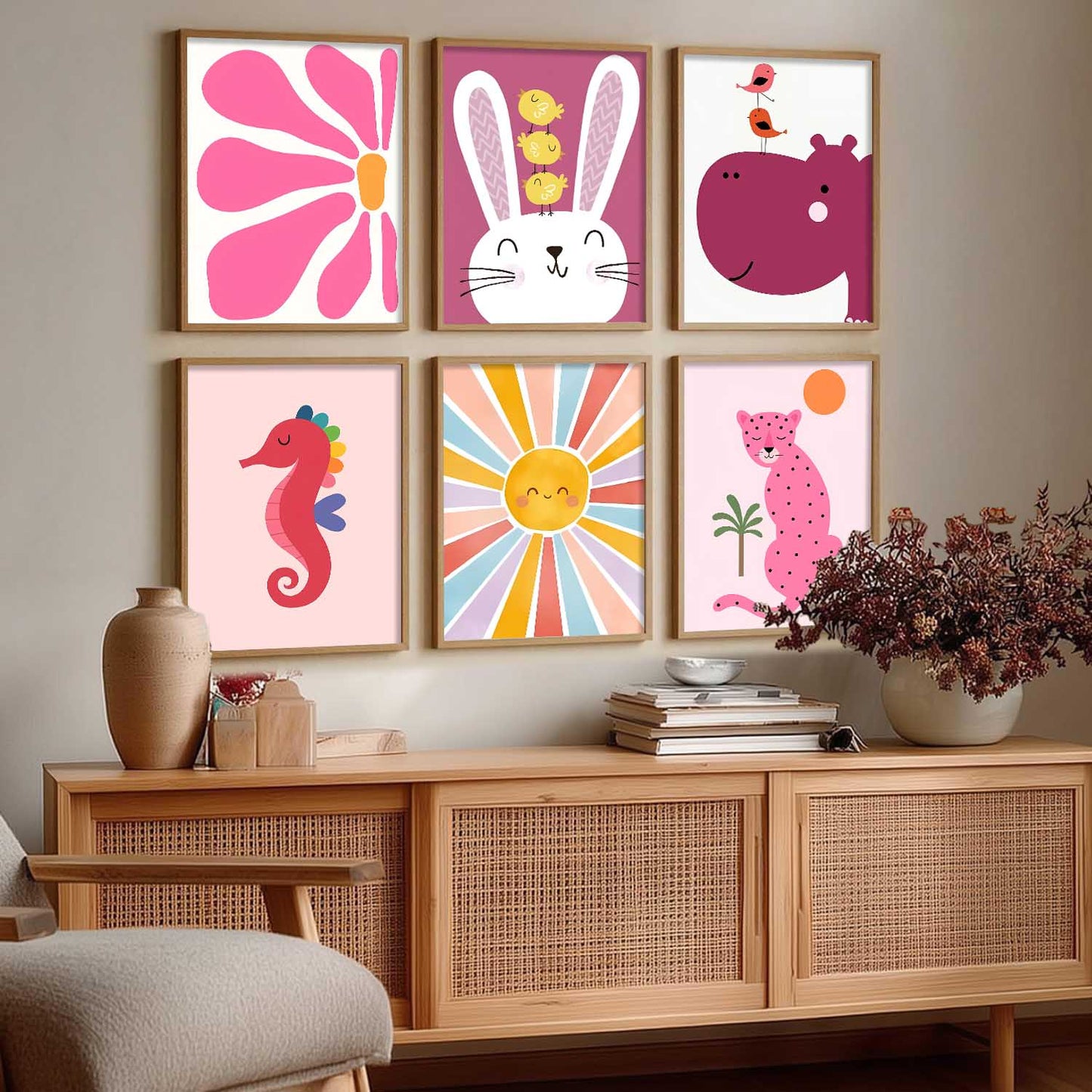 Cheetah Hippopotamus Seahorse Cartoon Animals Wall Art Paintings with Frame for Living Room Bedroom