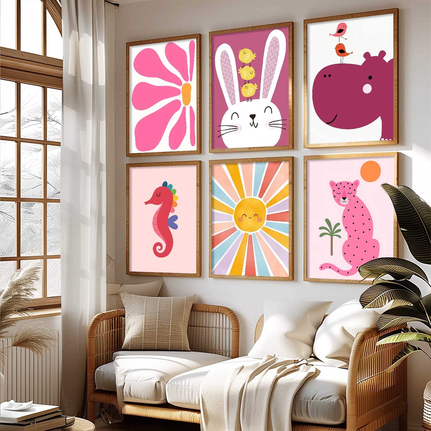 Cheetah Hippopotamus Seahorse Cartoon Animals Wall Art Paintings with Frame for Living Room Bedroom