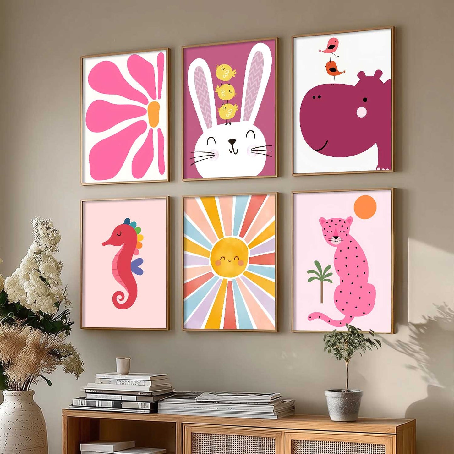 Cheetah Hippopotamus Seahorse Cartoon Animals Wall Art Paintings with Frame for Living Room Bedroom