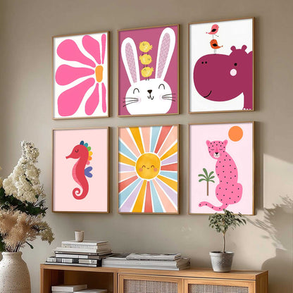 Cheetah Hippopotamus Seahorse Cartoon Animals Wall Art Paintings with Frame for Living Room Bedroom