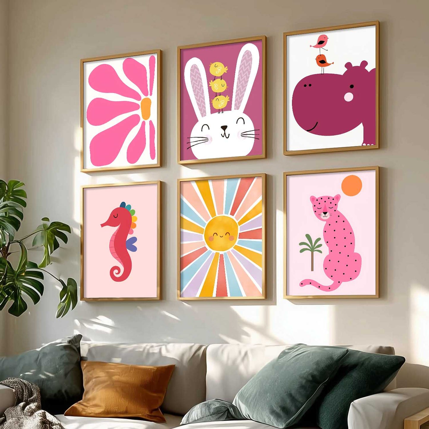 Cheetah Hippopotamus Seahorse Cartoon Animals Wall Art Paintings with Frame for Living Room Bedroom