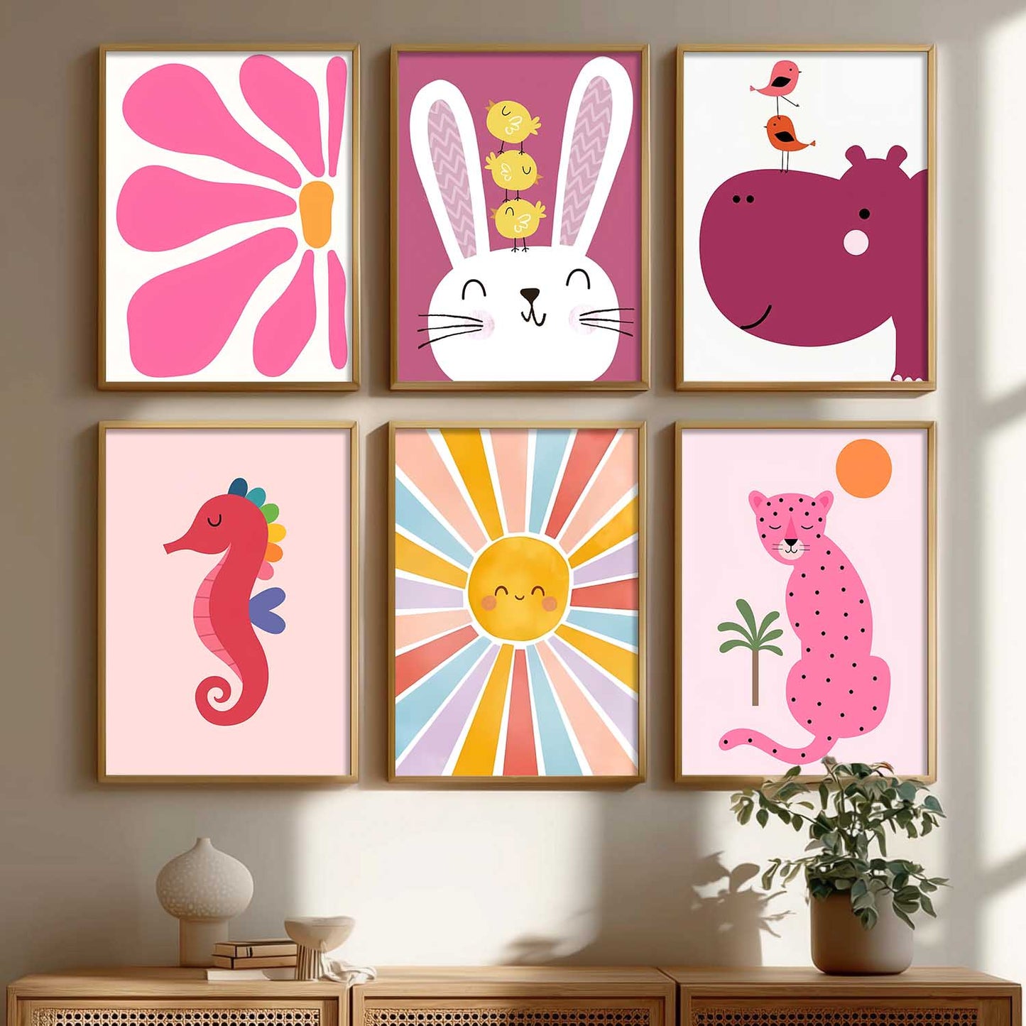 Cheetah Hippopotamus Seahorse Cartoon Animals Wall Art Paintings with Frame for Living Room Bedroom