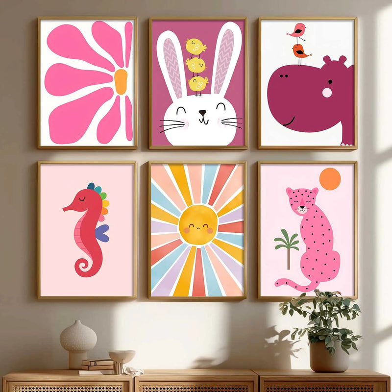 Cheetah Hippopotamus Seahorse Cartoon Animals Wall Art Paintings with Frame for Living Room Bedroom