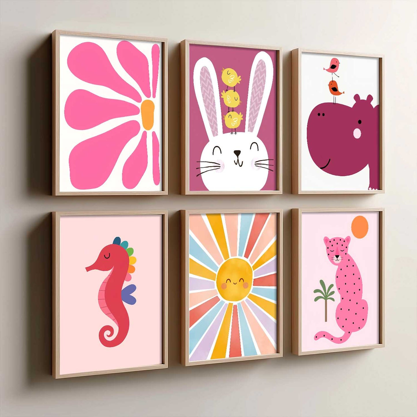 Cheetah Hippopotamus Seahorse Cartoon Animals Wall Art Paintings with Frame for Living Room Bedroom