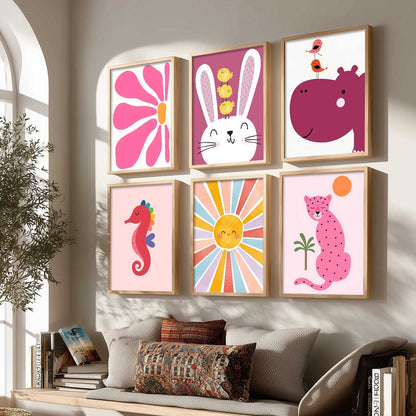 Cheetah Hippopotamus Seahorse Cartoon Animals Wall Art Paintings with Frame for Living Room Bedroom