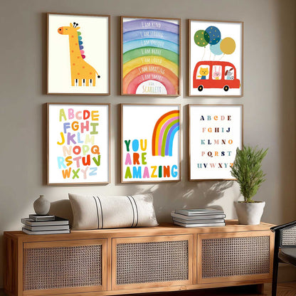 Educational Alphabets Colours Giraffe Wall Art Paintings with Frame for Living Room Bedroom