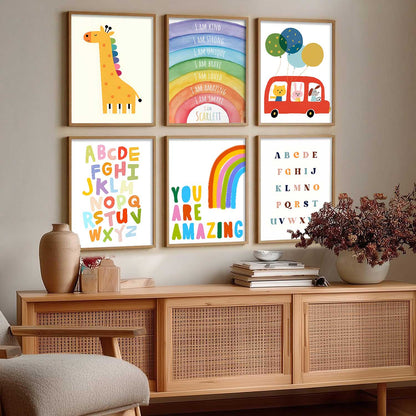 Educational Alphabets Colours Giraffe Wall Art Paintings with Frame for Living Room Bedroom