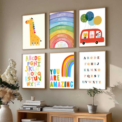 Educational Alphabets Colours Giraffe Wall Art Paintings with Frame for Living Room Bedroom