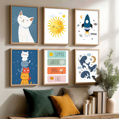 Seasons Sun Cats Whales Cartoon Animals Wall Art Paintings with Frame for Living Room Bedroom