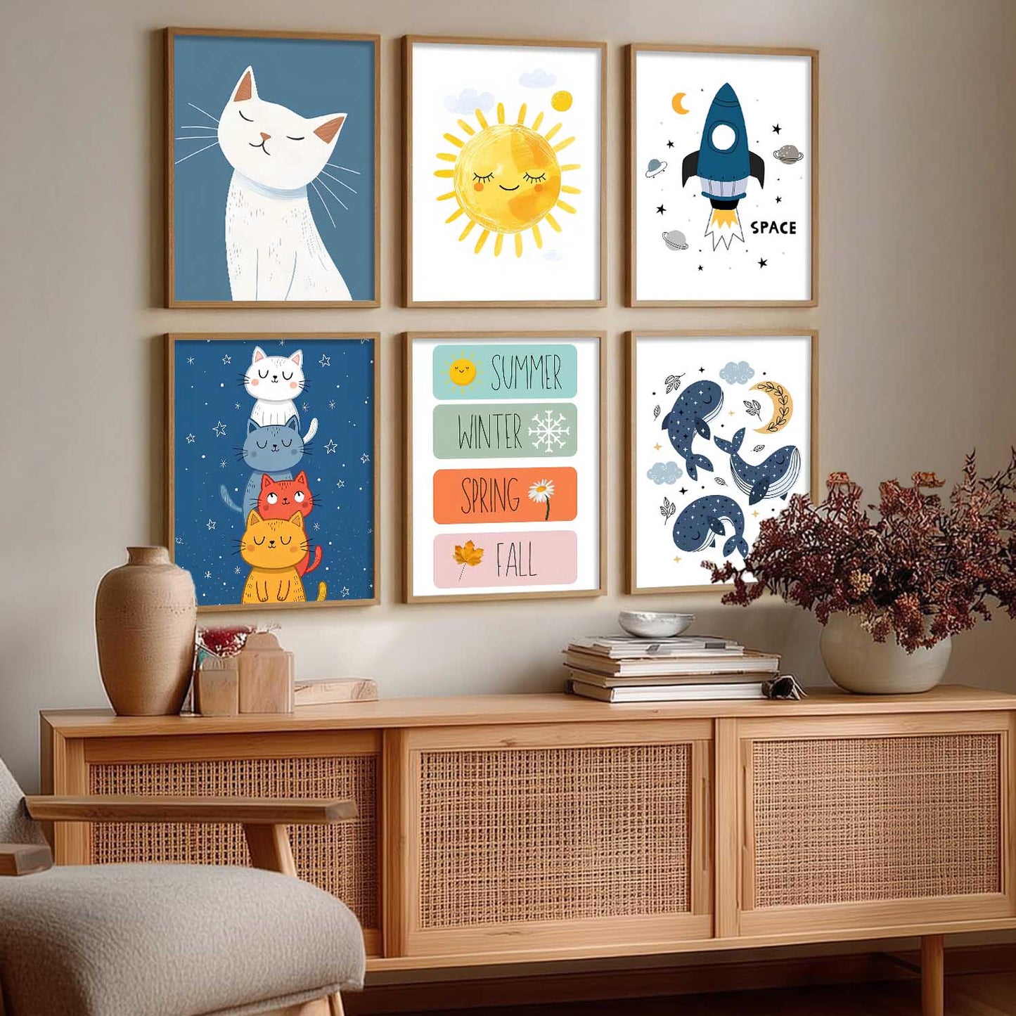 Seasons Sun Cats Whales Cartoon Animals Wall Art Paintings with Frame for Living Room Bedroom